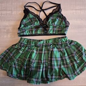 SHEIN Plaid Skirt Set with Black Lace Trim